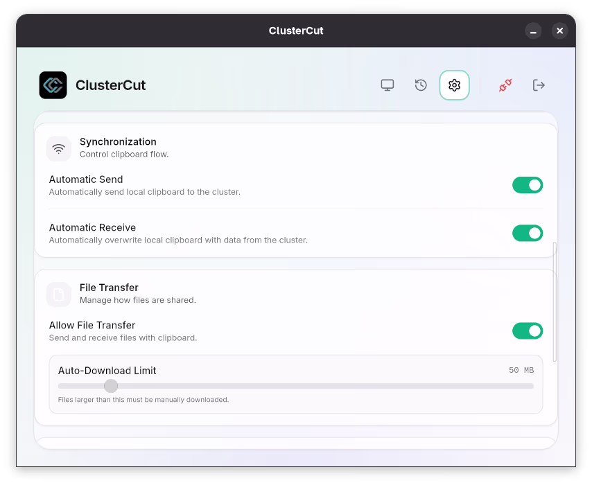 Settings - auto/manual mode and file transfer