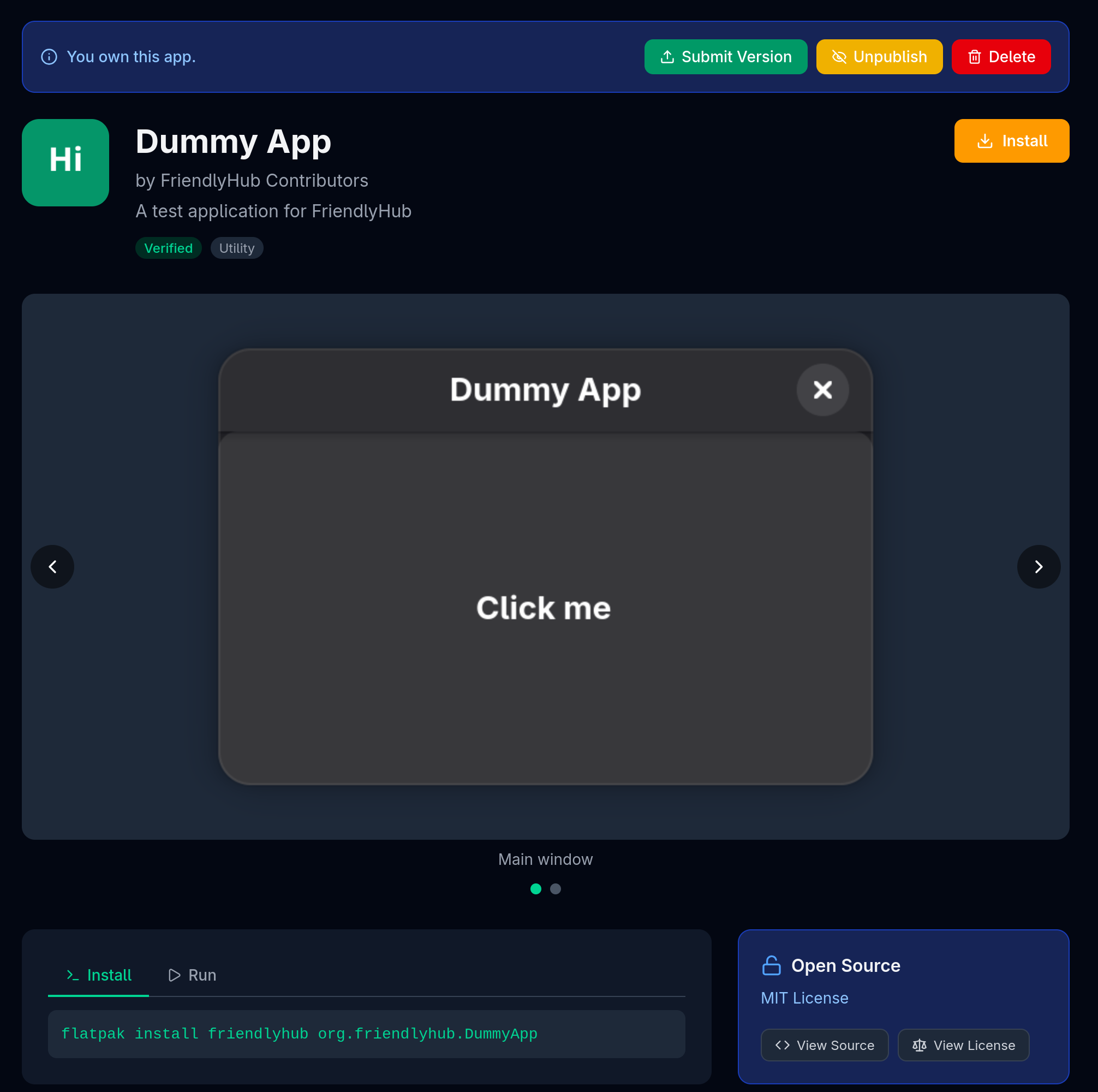 Developer app page with management options